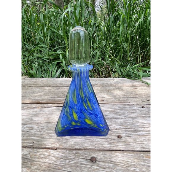 Vintage 1960s MCM Art Glass Petite Decanter Blue Yellow Swirl - Picture 10 of 16